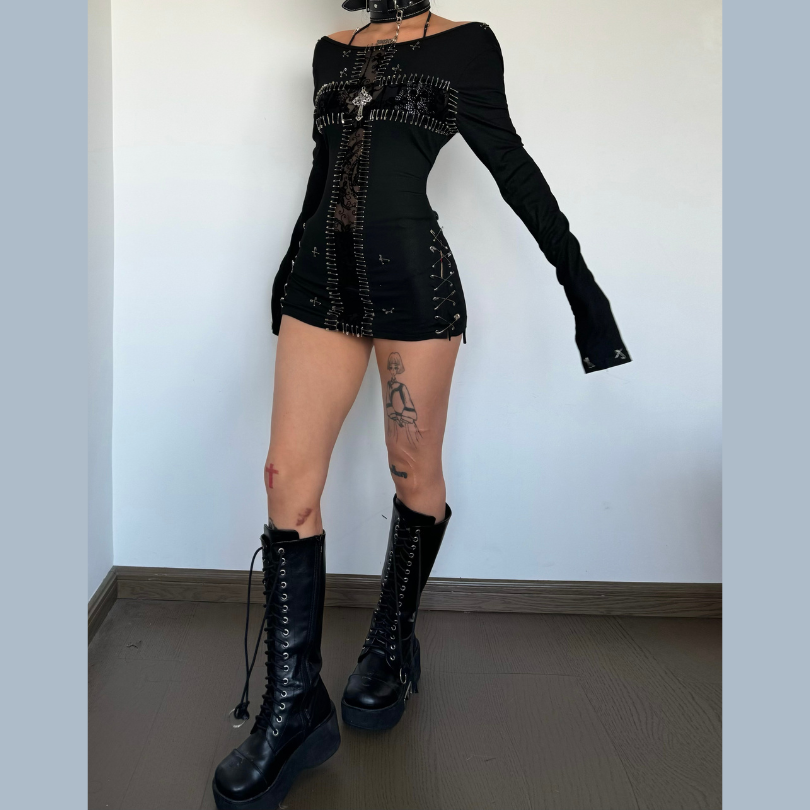 Edgy Gothic Punk Safety Pin Long Sleeve Mini Dress - Halloween & Fall 2025 Fashion