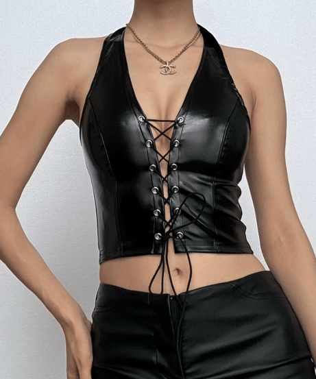 Fierce Black Faux Leather Halter Top - Lace-Up Corset Style for Fall, Halloween & Parties