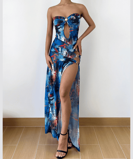 Vibrant Ocean Hues O-Ring Cutout Maxi Dress - Strapless High Slit for Resort & Holiday Getaways