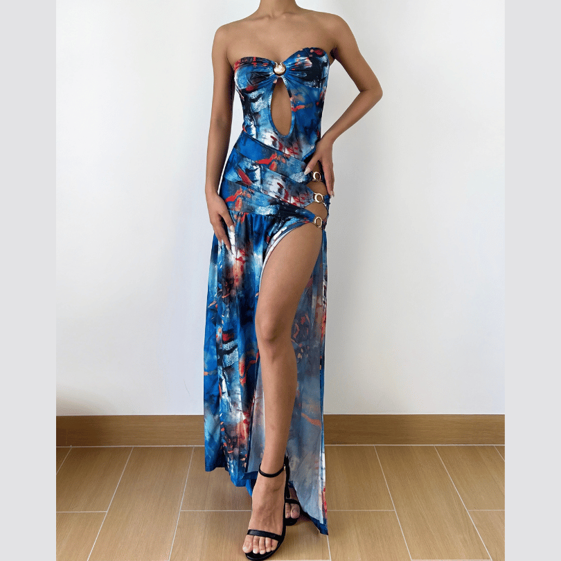 Vibrant Ocean Hues O-Ring Cutout Maxi Dress - Strapless High Slit for Resort & Holiday Getaways