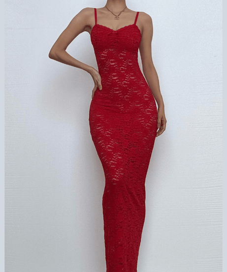 Sultry Red Lace Maxi Dress | Backless & Figure-Flattering for Fall & Holiday Glamour