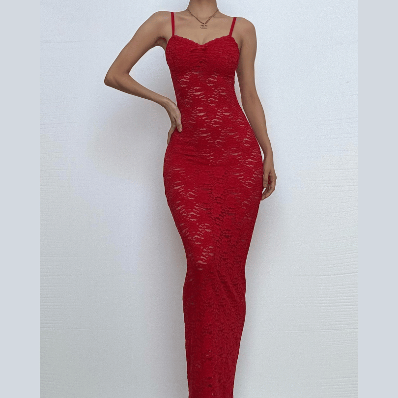 Sultry Red Lace Maxi Dress | Backless & Figure-Flattering for Fall & Holiday Glamour
