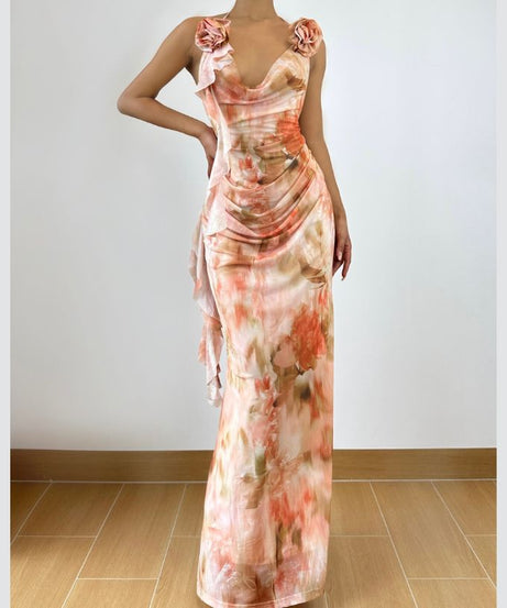 Enchanting Fall Bloom Cowl Neck Maxi Dress with 3D Rose Appliques