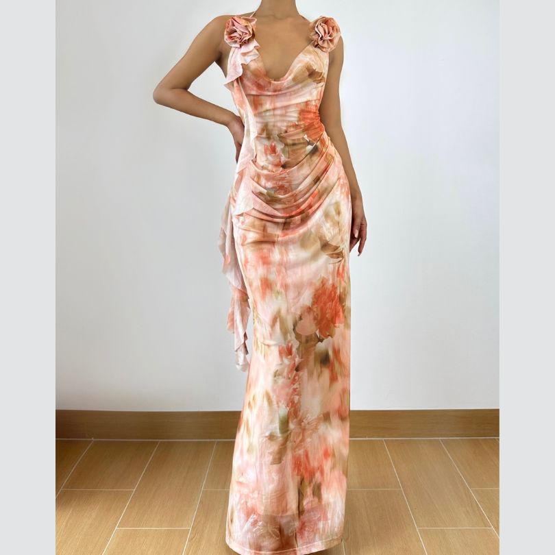 Enchanting Fall Bloom Cowl Neck Maxi Dress with 3D Rose Appliques