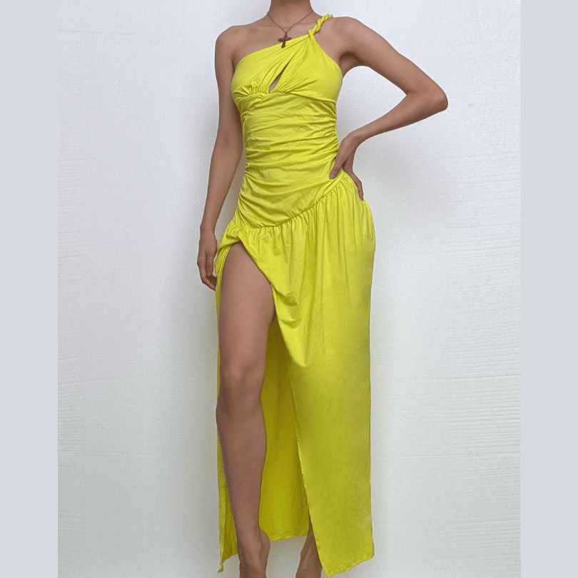 Radiant Neon Yellow One-Shoulder Ruched Maxi Dress with High Slit – The Ultimate Statement for Vacations & Special Events