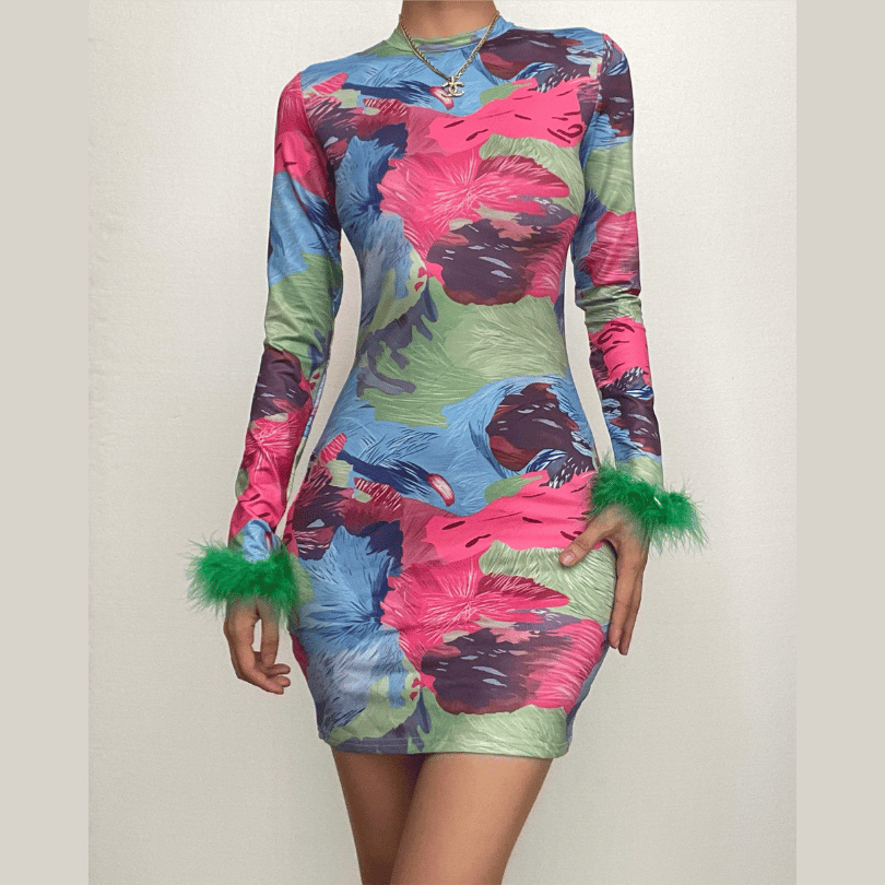 Show-Stopping Feather-Cuff Mini Dress | Vibrant Abstract Print Bodycon for Fall Parties & Holiday Fun