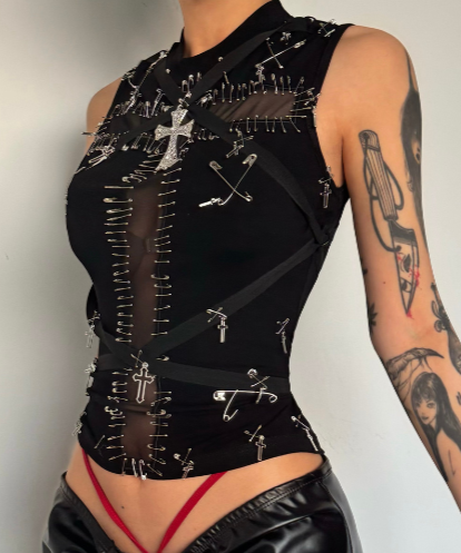 Daring Edge: Gothic Safety Pin & Cross Mesh Tank Top - Fall Concert & Halloween Ready