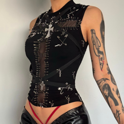 Daring Edge: Gothic Safety Pin & Cross Mesh Tank Top - Fall Concert & Halloween Ready