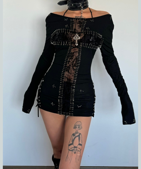 Edgy Gothic Punk Safety Pin Long Sleeve Mini Dress - Halloween & Fall 2025 Fashion