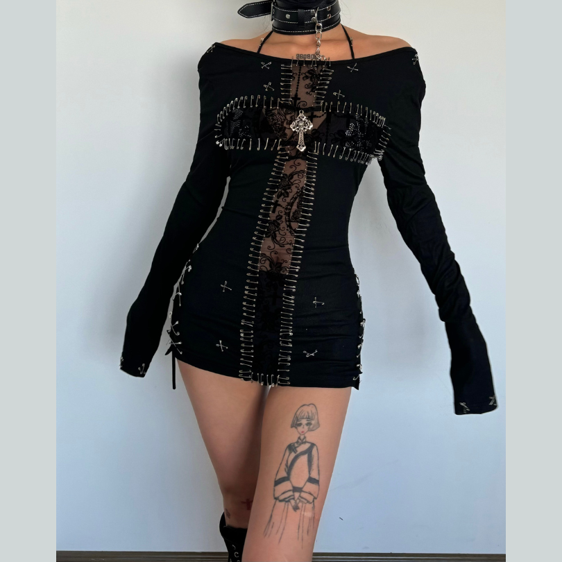 Edgy Gothic Punk Safety Pin Long Sleeve Mini Dress - Halloween & Fall 2025 Fashion