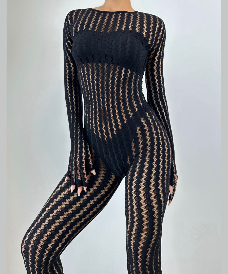 Sultry Black Sheer Knit Jumpsuit with Integrated Gloves | Halloween & Fall Party Ready