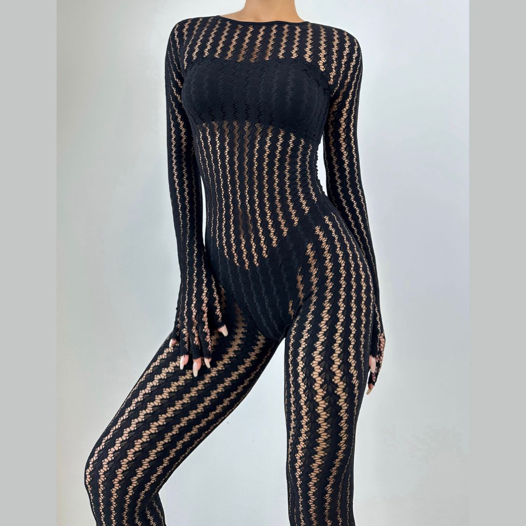 Sultry Black Sheer Knit Jumpsuit with Integrated Gloves | Halloween & Fall Party Ready