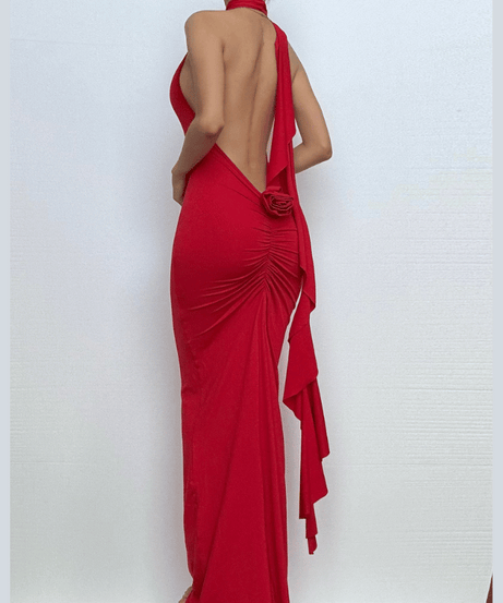 The Scarlet Rose Halter Maxi Dress: Backless Ruched Gown for Holiday Glamour & Fall Galas