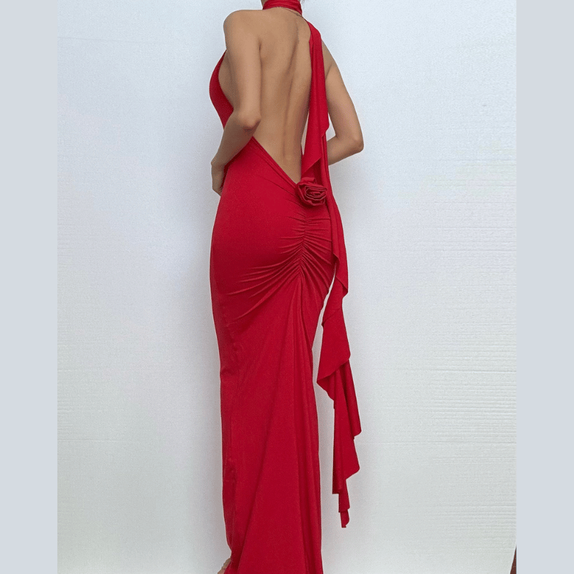 The Scarlet Rose Halter Maxi Dress: Backless Ruched Gown for Holiday Glamour & Fall Galas
