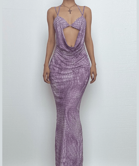 Mystic Allure Halter Maxi Dress | Lavender Croc Print Cut-Out for Fall Parties