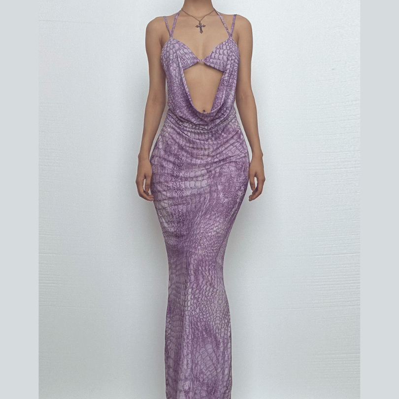 Mystic Allure Halter Maxi Dress | Lavender Croc Print Cut-Out for Fall Parties