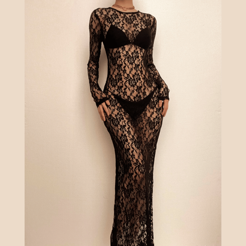 Alluring White Lace Illusion Maxi Dress - Long Sleeve Sheer Bodycon for Fall Nights & Holiday Glam