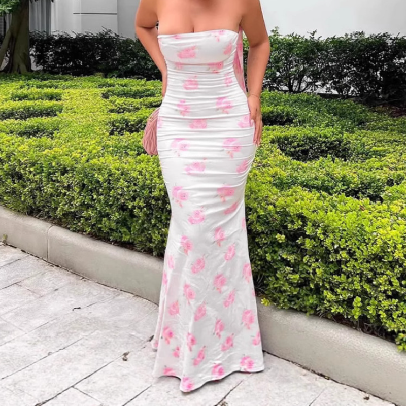 Romantic Petal Perfection: Strapless Ruched Floral Maxi Dress - Fall Wedding Guest & Holiday Escape