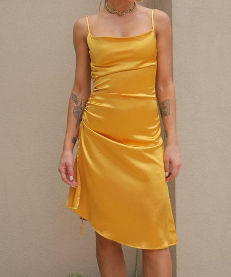 Emerald Green Satin Cowl Neck Ruched Midi Dress - Your Flattering Fall & Holiday Go-To