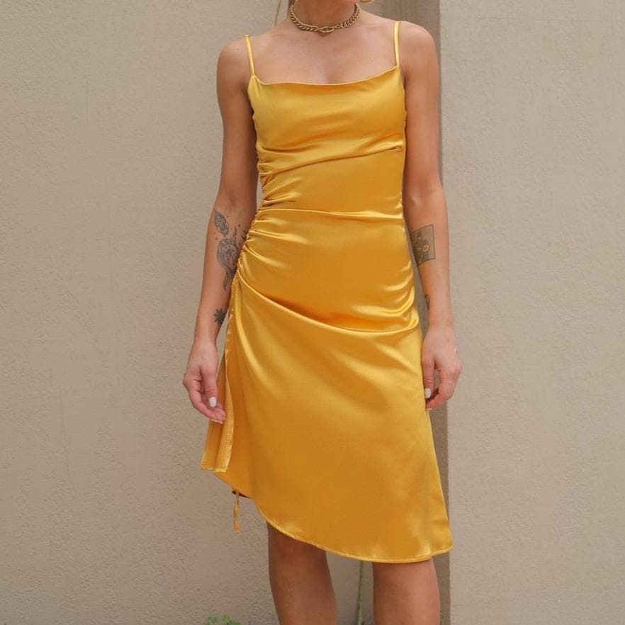 Emerald Green Satin Cowl Neck Ruched Midi Dress - Your Flattering Fall & Holiday Go-To