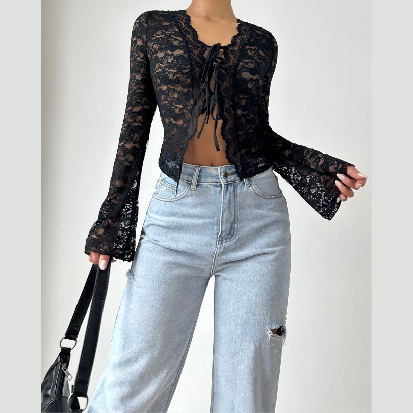Fall-Ready Glam: Black Lace Tie-Front Bell Sleeve Crop Top – Sheer & Chic for Going Out