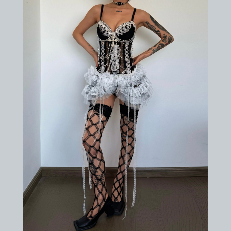 Victorian Gothic Maid Sweetheart Lace Corset Mini Dress - Spooky Season & Party Ready