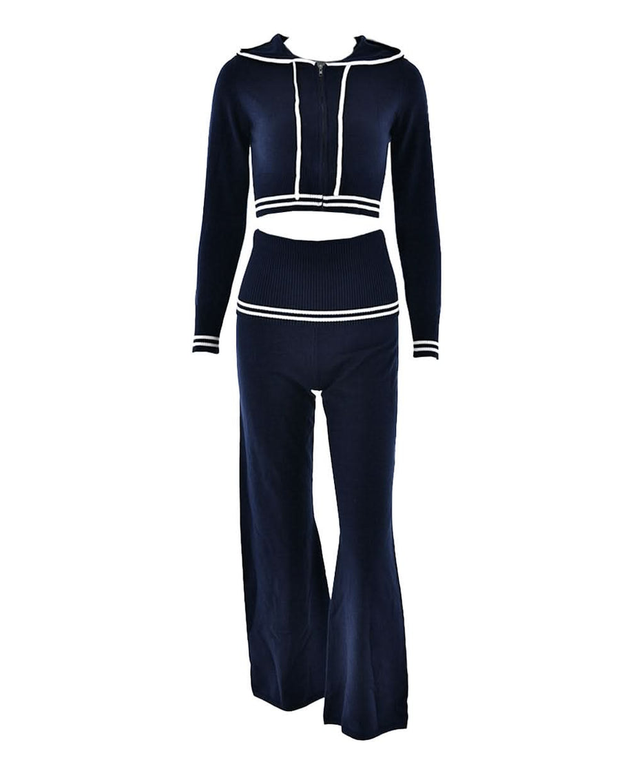 Autumn Luxe: Sailor Chic Knit Crop Hoodie & Flare Pant Set