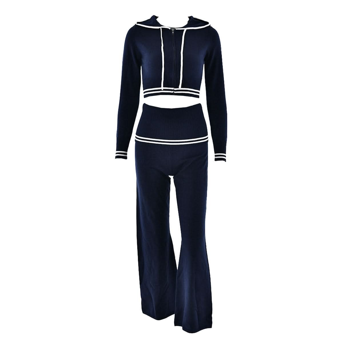 Autumn Luxe: Sailor Chic Knit Crop Hoodie & Flare Pant Set