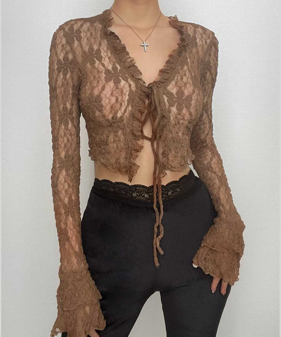 Autumn Allure Sheer Lace Tie-Front Crop Top | Y2K Flared Sleeve Going Out Style