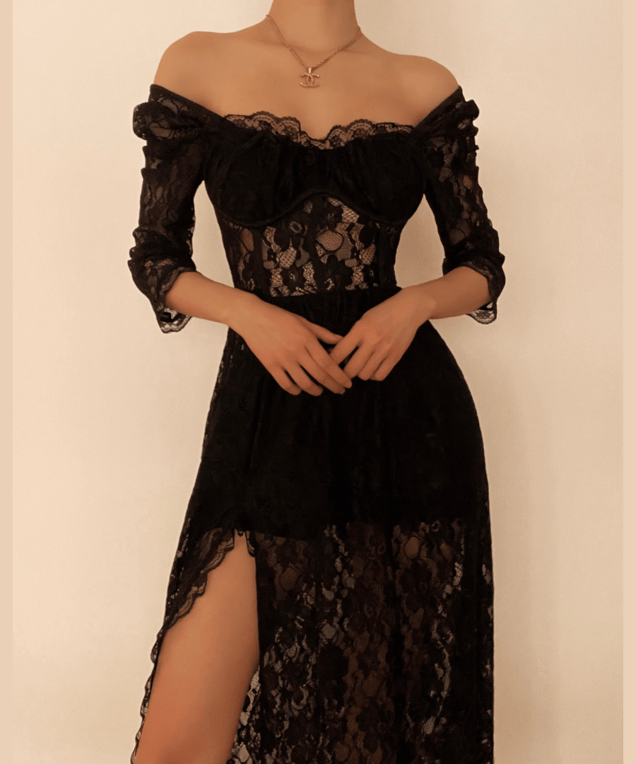 Sultry Black Lace Off-The-Shoulder Maxi Dress with Thigh Slit - Perfect for Fall & Holiday Galas