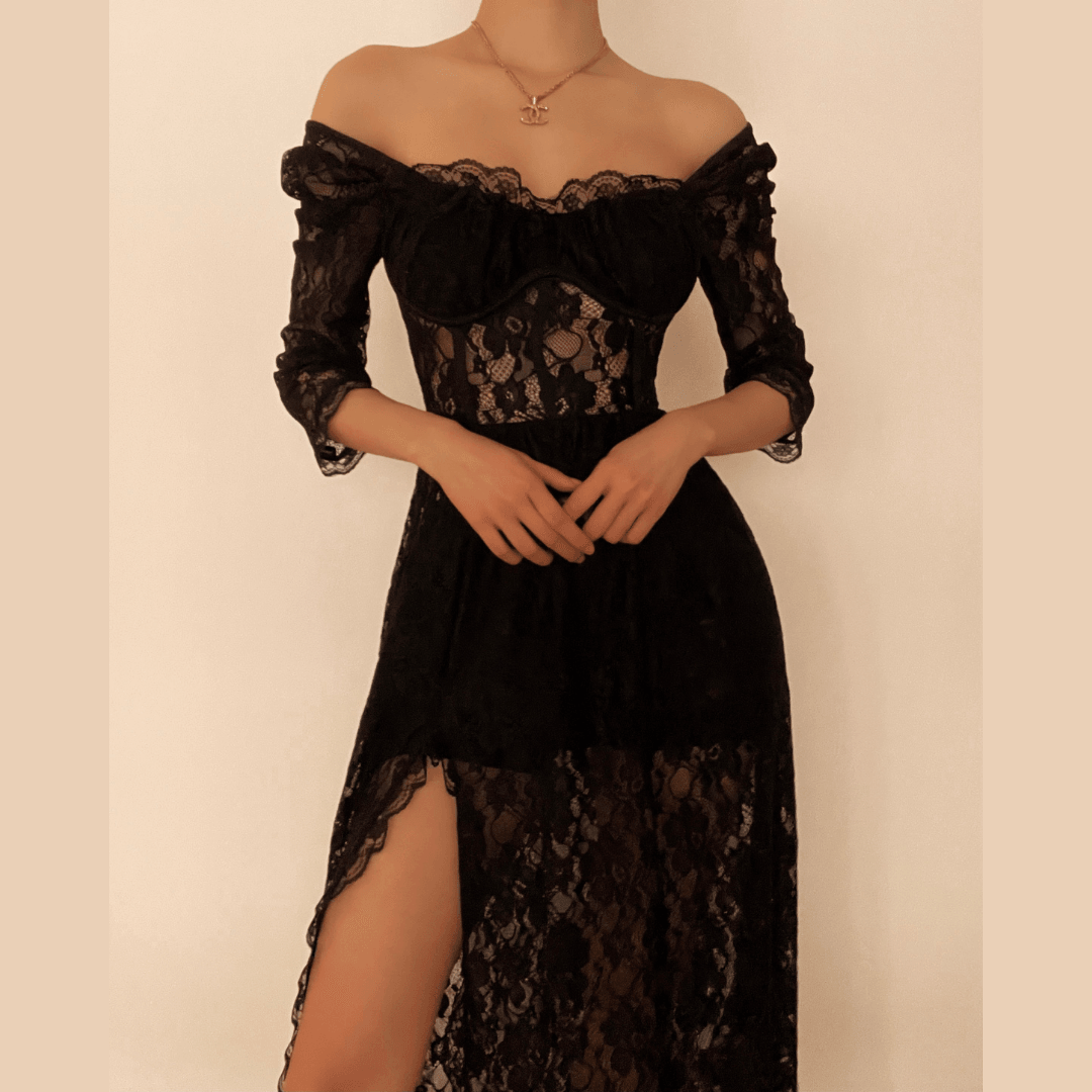 Sultry Black Lace Off-The-Shoulder Maxi Dress with Thigh Slit - Perfect for Fall & Holiday Galas