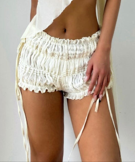 Cloud-Soft Ruched Ruffle Low-Rise Lounge Shorts - Tie-Side Comfort & Chic Style