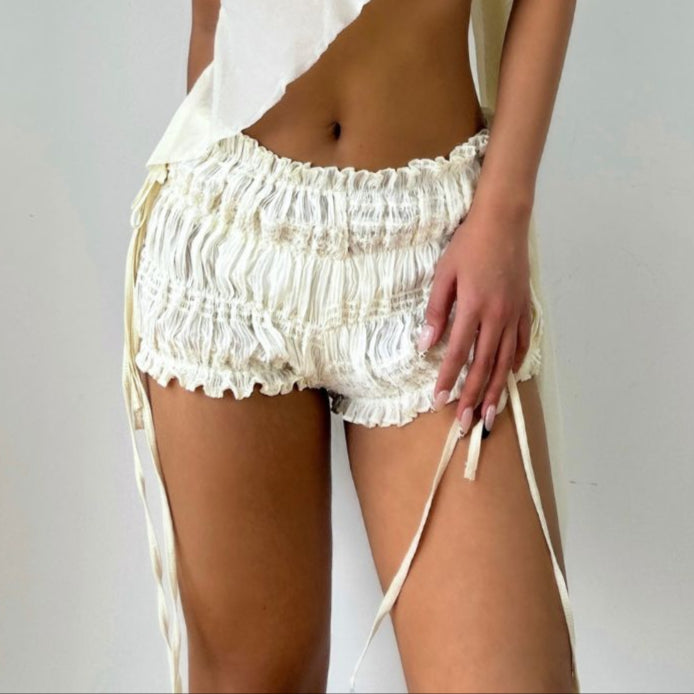 Cloud-Soft Ruched Ruffle Low-Rise Lounge Shorts - Tie-Side Comfort & Chic Style