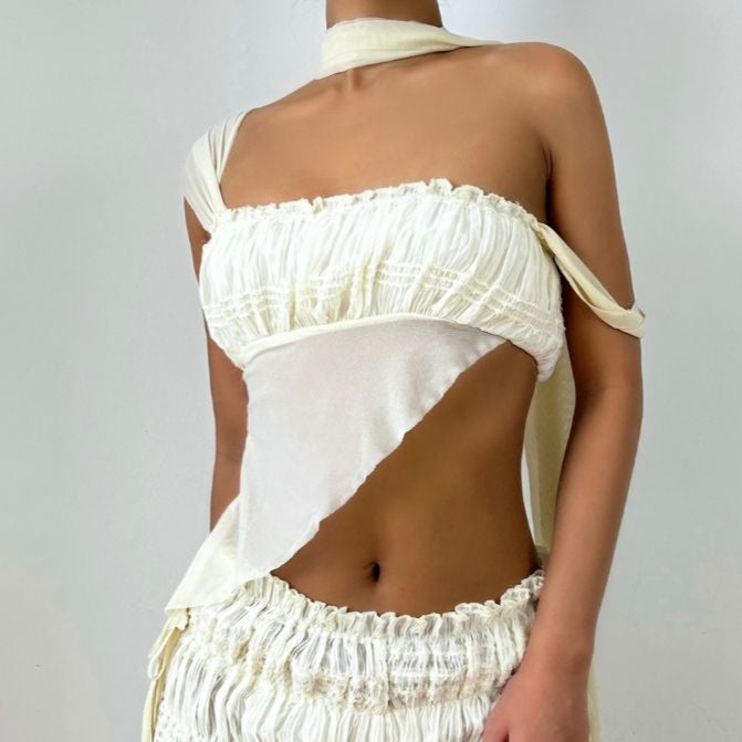 Effortless Edge: Asymmetrical Ruched Halter Cutout Top | Fall Getaway & Statement Style