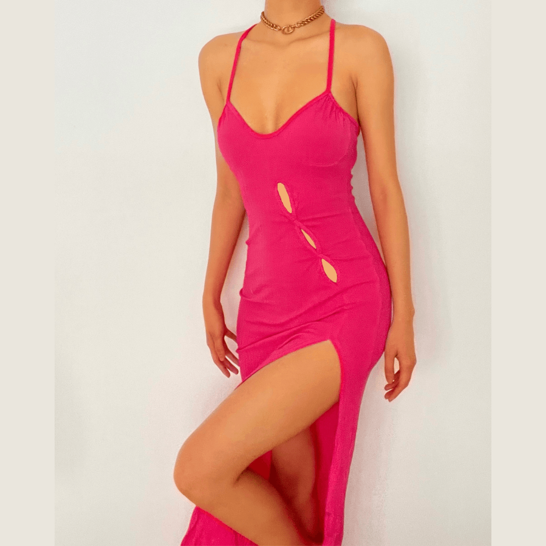 Fuchsia Fierce: The 'It Girl' Ribbed Cut-Out Maxi Dress with High Slit – Fall & Holiday Party Ready