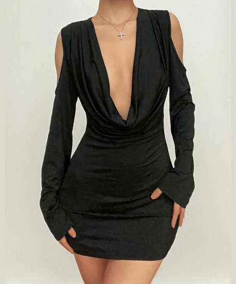 Sultry Black Plunge Cowl Neck Mini Dress with Cold Shoulder Sleeves – Your Go-To Fall Party & Holiday Essential