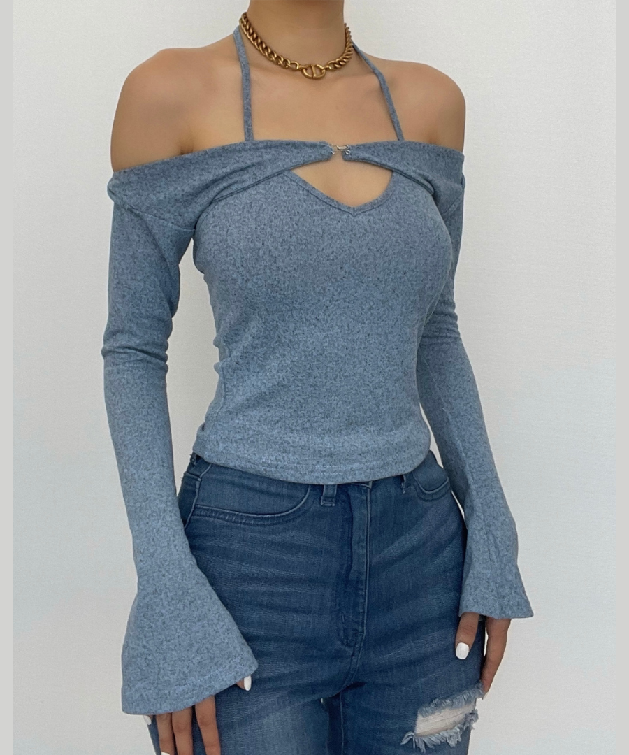 Effortless Fall Style: Halter Off-Shoulder Knit Top | Layered Look Bell Sleeve Sweater