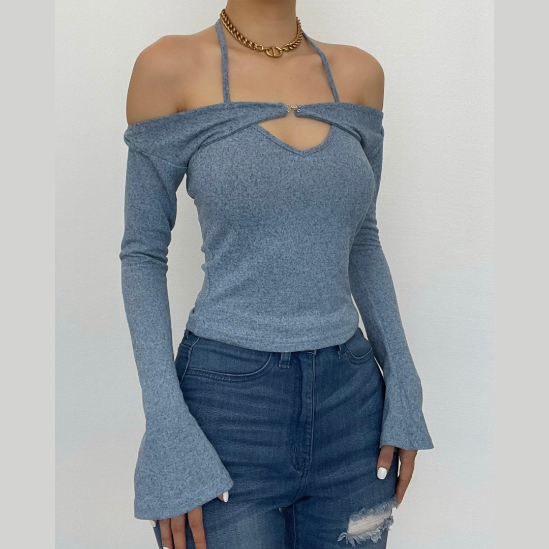 Effortless Fall Style: Halter Off-Shoulder Knit Top | Layered Look Bell Sleeve Sweater