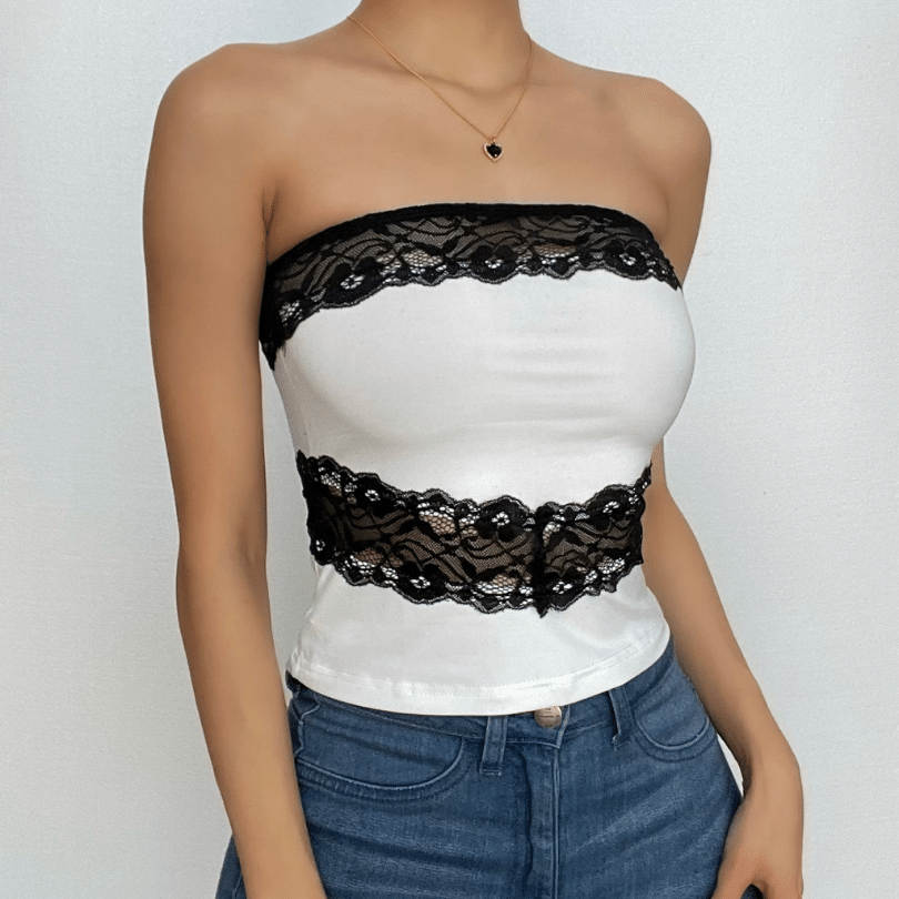 Chic Black Lace Trim Tube Top - Trendy Strapless Crop for Fall Layering & Nights Out