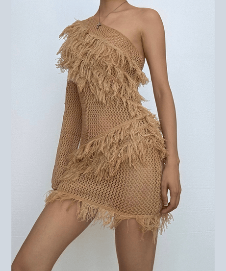 Fall Fringe Flair: One-Shoulder Crochet Knit Mini Dress | Chic Party & Holiday Statement