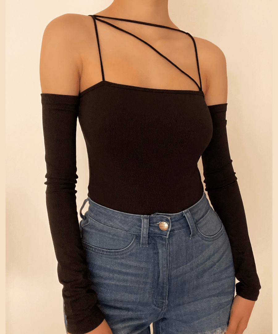 Strap & Sleeve: Asymmetrical Ribbed Knit Bodysuit - Your Fall Style Statement