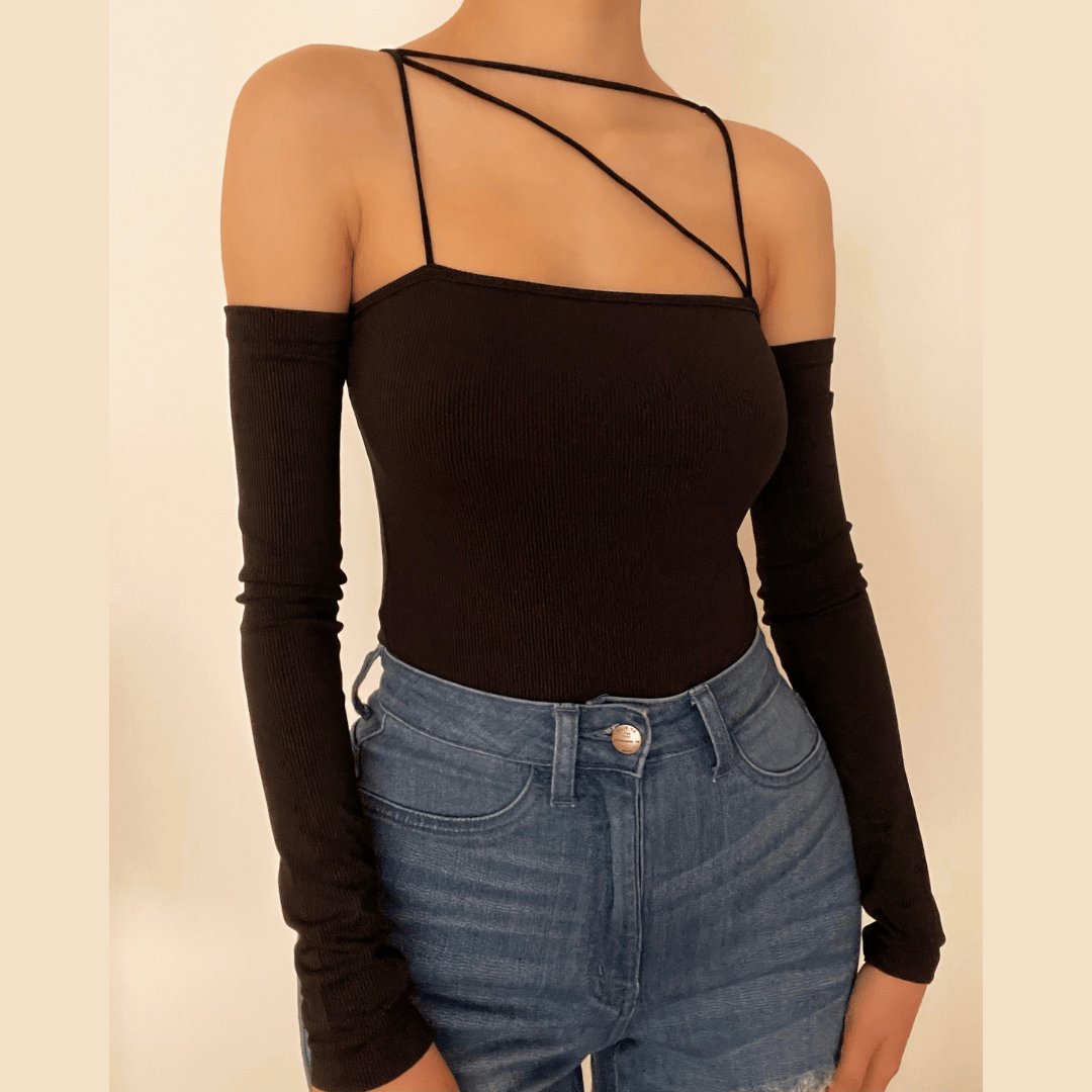 Strap & Sleeve: Asymmetrical Ribbed Knit Bodysuit - Your Fall Style Statement