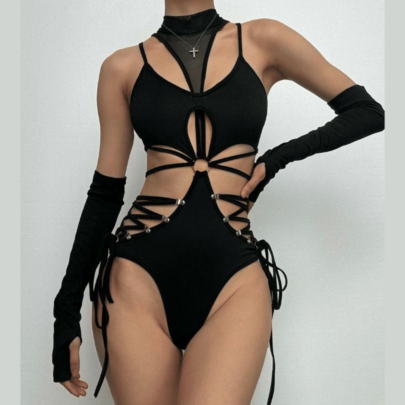 Dare to Thrill: Edgy Black O-Ring Cutout Bodysuit with Fingerless Gloves - Halloween & Club Ready