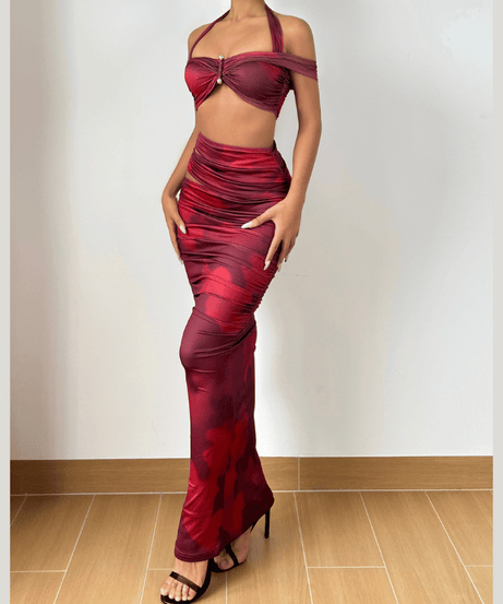 Fall & Holiday Glam: Burgundy Ruched Halter Crop Top & Maxi Skirt Set