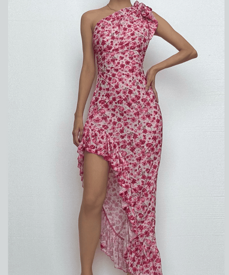 Fall Getaway Chic: Knotted One-Shoulder Floral High-Low Ruffle Maxi Dress