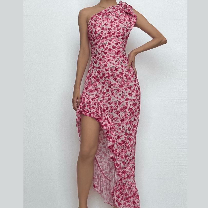 Fall Getaway Chic: Knotted One-Shoulder Floral High-Low Ruffle Maxi Dress