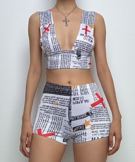 Fall Fashion Statement: Newsprint Graphic Deep V Crop Top & Bodycon Shorts Set for Women