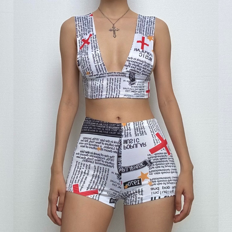 Fall Fashion Statement: Newsprint Graphic Deep V Crop Top & Bodycon Shorts Set for Women