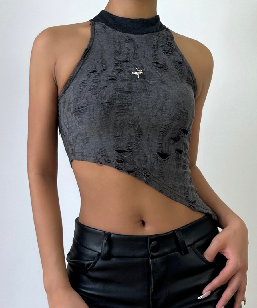 Edgy Asymmetric Distressed Halter Crop Top - Your Bold Fall & Night Out Statement