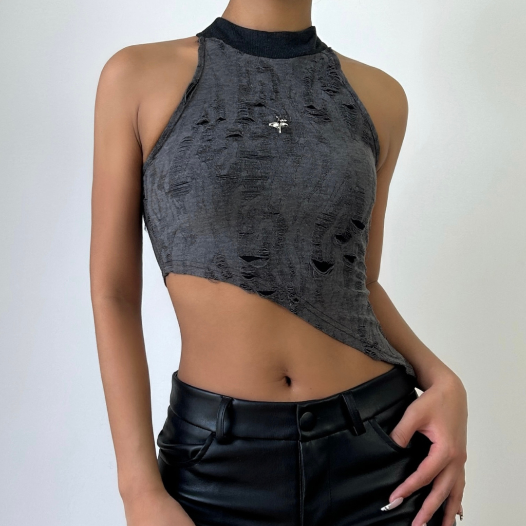 Edgy Asymmetric Distressed Halter Crop Top - Your Bold Fall & Night Out Statement